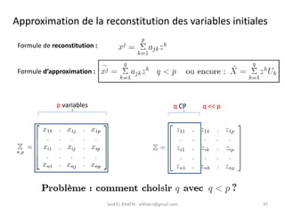Said EL KHATRI : elkhatri@gmail.com 47
Approximation de la reconstitution des variables initiales
Formule de reconstitution :
Formule d’approximation :
p variables q CP q << p
 