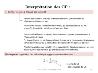 Said EL KHATRI : elkhatri@gmail.com 68
1) Donner un sens à chaque axe factoriel
2) Interpréter la position des individus par rapport aux sens des axes.
* Etude des variables initiales fortement corrélées (positivement ou
négativement) avec cet axe.
* Ce sont les éléments extrêmes, éventuellement opposés, qui concourent à
l'élaboration des axes
* L'interprétation est parfois compliquée à cause de la combinaison de plusieurs
variables initiales; d'où la nécessité de bien connaitre les données de base
* Si l'interprétation des variables n'est pas évidente, il faut alors donner un sens
à l'axe à partir des individus qui ont les coordonnées extrêmes.
* Recherche lexicale (ou recherche de mots) qui peut résumer un ou des
groupe(s) de variables initiales corrélées avec l’axe …
+ : sens de Uk
- : sens inverse de Uk
 