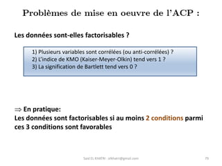 Said EL KHATRI : elkhatri@gmail.com 79
Les données sont-elles factorisables ?
 En pratique:
Les données sont factorisables si au moins 2 conditions parmi
ces 3 conditions sont favorables
1) Plusieurs variables sont corrélées (ou anti-corrélées) ?
2) L’indice de KMO (Kaiser-Meyer-Olkin) tend vers 1 ?
3) La signification de Bartlett tend vers 0 ?
 