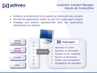 Customer Contact Manager
                                                                         Atouts de Contactline

                   •        Améliore la productivité et la qualité du traitement des contacts
                   •        Enrichit les applications métier au sein d’un poste agent intégré
                   •        S’adapte aux besoins opérationnels avec des applications
                            dynamiques sur-mesure




                             Appels
                            entrants         R                            Poste Agent

                                             O
                             Appels                            •   Identifier le client
                            entrants
                                             U                 •   Qualifier sa demande
                                                  CAMPAGNE
                                             T                 •   Accéder à son contexte
                             E-mails         A                 •   Suivre un processus
                                             G                 •   Traiter une transaction
                                             E                 •   Enregistrer les résultats
                                Chat


Activeo Confidentiel : Copyright ©
 