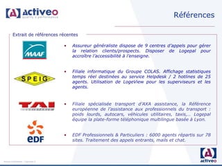 Références

         Extrait de références récentes

                                     •   Assureur généraliste dispose de 9 centres d’appels pour gérer
                                         la relation clients/prospects. Disposer de Logepal pour
                                         accroître l’accessibilité à l’enseigne.


                                     •   Filiale informatique du Groupe COLAS. Affichage statistiques
                                         temps réel destinées au service Helpdesk / 2 hotlines de 25
                                         agents. Utilisation de LogeView pour les superviseurs et les
                                         agents.


                                     •   Filiale spécialisée transport d’AXA assistance, la Référence
                                         européenne de l’assistance aux professionnels du transport :
                                         poids lourds, autocars, véhicules utilitaires, taxis,… Logepal
                                         équipe la plate-forme téléphonique multilingue basée à Lyon.


                                     •   EDF Professionnels & Particuliers : 6000 agents répartis sur 78
                                         sites. Traitement des appels entrants, mails et chat.



Activeo Confidentiel : Copyright ©
 