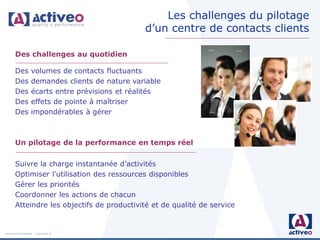 Les challenges du pilotage
                                                d’un centre de contacts clients

       Des challenges au quotidien

       Des        volumes de contacts fluctuants
       Des        demandes clients de nature variable
       Des        écarts entre prévisions et réalités
       Des        effets de pointe à maîtriser
       Des        impondérables à gérer



       Un pilotage de la performance en temps réel


       Suivre la charge instantanée d’activités
       Optimiser l’utilisation des ressources disponibles
       Gérer les priorités
       Coordonner les actions de chacun
       Atteindre les objectifs de productivité et de qualité de service


Activeo Confidentiel : Copyright ©
 