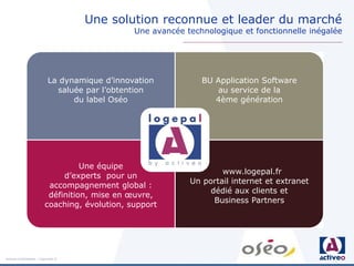 Une solution reconnue et leader du marché
                                               Une avancée technologique et fonctionnelle inégalée




                           La dynamique d’innovation           BU Application Software
                             saluée par l’obtention               au service de la
                                 du label Oséo                    4ème génération




                                   Une équipe
                                                                    www.logepal.fr
                              d’experts pour un
                                                            Un portail internet et extranet
                          accompagnement global :
                                                                 dédié aux clients et
                          définition, mise en œuvre,
                                                                  Business Partners
                         coaching, évolution, support




Activeo Confidentiel : Copyright ©
 