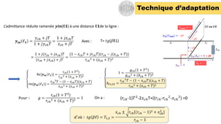 Technique d’adaptation
L’admittance réduite ramenée 𝒚𝒊𝒏(ℓ𝟏) à une distance ℓ𝟏de la ligne :
Avec : T= 𝑡𝑔(𝛽ℓ1)
P𝑜𝑢𝑟 ∶ (𝑟𝑐ℎ-1)𝑇2-2𝑥𝑐ℎT+((𝑟𝑐ℎ-𝑟𝑐ℎ
2-𝑥𝑐ℎ
2) =0
On a :
 