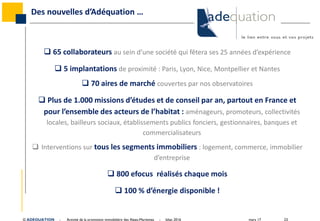 mars 17 23© ADEQUATION - Activité de la promotion immobilière des Alpes-Maritimes - bilan 2016
Des nouvelles d’Adéquation …
 65 collaborateurs au sein d’une société qui fêtera ses 25 années d’expérience
 5 implantations de proximité : Paris, Lyon, Nice, Montpellier et Nantes
 70 aires de marché couvertes par nos observatoires
 Plus de 1.000 missions d’études et de conseil par an, partout en France et
pour l’ensemble des acteurs de l’habitat : aménageurs, promoteurs, collectivités
locales, bailleurs sociaux, établissements publics fonciers, gestionnaires, banques et
commercialisateurs
 Interventions sur tous les segments immobiliers : logement, commerce, immobilier
d’entreprise
 800 efocus réalisés chaque mois
 100 % d’énergie disponible !
 