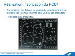 Réalisation : fabrication du PCB1
• Transmission des fichiers du dessin du circuit imprimé à un
fabricant (1€ le circuit imprimé pour 250 pièces produites).
• Réception du produit fini.
19
1 : PCB = Printed Circuit Board = Circuit Imprimé
 