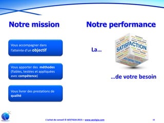 L’achat de conseil © AESTIGIA 2015 – www.aestigia.com 10
Notre mission Notre performance
Vous accompagner dans
l’atteinte d’un objectif
Vous apporter des méthodes
(fiables, testées et appliquées
avec compétence)
Vous livrer des prestations de
qualité
La…
…de votre besoin
 
