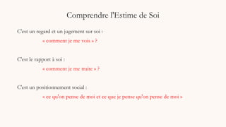 Comprendre l'Estime de Soi
C'est un regard et un jugement sur soi :
« comment je me vois » ?
C'est le rapport à soi :
« comment je me traite » ?
C'est un positionnement social :
« ce qu'on pense de moi et ce que je pense qu'on pense de moi »
 
