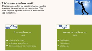 🏆 Qu’est-ce que la confiance en soi ?
C’est penser que l’on est capable d’agir de manière
adéquate dans des situations importantes. C’est
votre capacité à passer à l’action et à reconnaitre
vos réalisations.
Il y a confiance en
soi:
➡️capacité d’actions,
➡️résistance aux échecs.
➡️développement de l’expérience
absence de confiance en
soi:
➡️inhibitions,
➡️hésitation,,
➡️abandons.
.
 