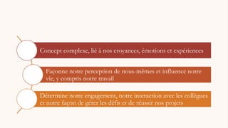 Concept complexe, lié à nos croyances, émotions et expériences
Façonne notre perception de nous-mêmes et influence notre
vie, y compris notre travail
Détermine notre engagement, notre interaction avec les collègues
et notre façon de gérer les défis et de réussir nos projets
 