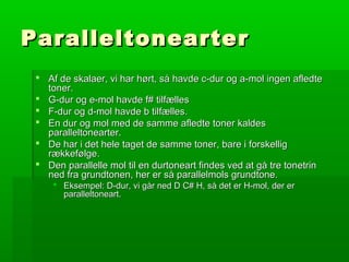 ParalleltonearterParalleltonearter
 Af de skalaer, vi har hørt, så havde c-dur og a-mol ingen afledteAf de skalaer, vi har hørt, så havde c-dur og a-mol ingen afledte
toner.toner.
 G-dur og e-mol havde f# tilfællesG-dur og e-mol havde f# tilfælles
 F-dur og d-mol havde b tilfælles.F-dur og d-mol havde b tilfælles.
 En dur og mol med de samme afledte toner kaldesEn dur og mol med de samme afledte toner kaldes
paralleltonearter.paralleltonearter.
 De har i det hele taget de samme toner, bare i forskelligDe har i det hele taget de samme toner, bare i forskellig
rækkefølge.rækkefølge.
 Den parallelle mol til en durtoneart findes ved at gå tre tonetrinDen parallelle mol til en durtoneart findes ved at gå tre tonetrin
ned fra grundtonen, her er så parallelmols grundtone.ned fra grundtonen, her er så parallelmols grundtone.
 Eksempel: D-dur, vi går ned D C# H, så det er H-mol, der erEksempel: D-dur, vi går ned D C# H, så det er H-mol, der er
paralleltoneart.paralleltoneart.
 