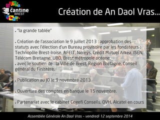 ●“la grande tablée” 
●Création de l’association le 9 juillet 2013: approbation des statuts avec l’élection d’un Bureau provisoire par les fondateurs: Technopôle Brest-Iroise, AFEIT, Nereÿs, Crédit Mutuel Arkea, ISEN, Télécom Bretagne, UBO, Brest métropole océane. 
●avec le soutien de : la Ville de Brest, Région Bretagne, Conseil général du Finistère. 
●Publication au JO le 9 novembre 2013 
●Ouverture des comptes en banque le 15 novembre. 
●Partenariat avec le cabinet CegefiConseils, OVH, Alcatel en cours 
Créationde An DaolVras… 
Assemblée Générale An Daol Vras –vendredi 12 septembre 2014  