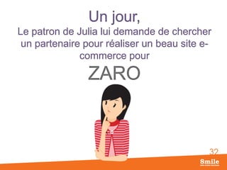 32
Un jour,
Le patron de Julia lui demande de chercher
un partenaire pour réaliser un beau site e-
commerce pour
ZARO
 