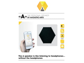 connected
No sound
pollution
directional
compact
economical
«A»THE PERSONAL SPEAKER
BY AKOUSTICARTS
The A speaker is like listening to headphones…
without the headphones
 