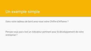 Un exemple simple
Dans votre tableau de bord avez-vous votre Chiffre d’Affaires ?
Pensez-vous que c’est un indicateur pertinent pour le développement de votre
entreprise ?
 