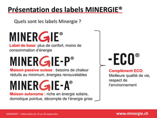 MINERGIE® – Alternatiba du 19 au 20 septembre www.minergie.ch
Présentation des labels MINERGIE®
Quels sont les labels Minergie ?
Label de base: plus de confort, moins de
consommation d’énergie
Maison passive suisse : besoins de chaleur
réduits au minimum, énergies renouvelables
Maison autonome : riche en énergie solaire,
domotique pointue, décompte de l’énergie grise
Complément ECO:
Meilleure qualité de vie,
respect de
l’environnement
 
