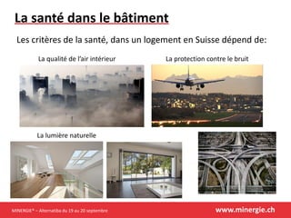 MINERGIE® – Alternatiba du 19 au 20 septembre www.minergie.ch
La santé dans le bâtiment
Les critères de la santé, dans un logement en Suisse dépend de:
La qualité de l’air intérieur La protection contre le bruit
La lumière naturelle
 