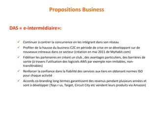 DAS « e-intermédiaire»:
 Continuer à contrer la concurrence en les intégrant dans son réseau
 Profiter de la hausse du business C2C en période de crise en se développant sur de
nouveaux créneaux dans ce secteur (création en mai 2011 de MyHabit.com)
 Fidéliser les partenaires en créant un club , des avantages particuliers, des barrières de
sortie (à travers l’utilisation des logiciels AWS par exemple non-imitables, non-
transférables)
 Renforcer la confiance dans la fiabilité des services aux tiers en obtenant normes ISO
pour chaque activité
 Accords co-branding long-termes garantissent des revenus pendant plusieurs années et
sont à développer (Toys r us, Target, Circuit City etc vendent leurs produits via Amazon)
Propositions Business
 