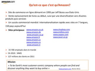 Qu’est-ce que c’est qu’Amazon?
 Site de commerce en ligne démarré en 1995 par Jeff Bezos aux Etats-Unis
 Vente exclusivement de livres au début, suivi par une diversification vers d’autres
produits puis services
 Un succès commercial mondial: Internationalisation rapide avec sites en 7 langues,
150 pays aujourd’hui
www.amazon.co.uk
www.amazon.de
www.amazon.co.jp
www.amazon.fr
www.amazon.ca
www.amazon.cn
www.amazon.it
www.shopbop.com
www.endless.com
www.zappos.com
www.javari.co.jp
 Sites principaux:
Mission:
« To be Earth’s most customer-centric company where people can find and
discover anything they want to buy online » (www.amazon.com, février 2011)
 33 700 employés dans le monde
 CA 2010: 34M$
 127 millions de clients en 2011
 