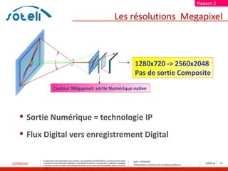 Reason 2


                                                                                                                Les résolutions Megapixel



                                                                                                                                   1280x720 -> 2560x2048
                                                                                                                                   Pas de sortie Composite
                            Capteur Mégapixel: sortie Numérique native




      Sortie Numérique = technologie IP
      Flux Digital vers enregistrement Digital

               Ce document et les informations qu’il contient sont propriété de Saïd ACHACHE. Il ne doit pas être utilisé
                                                                                                                                  Saïd – ACHACHE
Confidentiel   à d’autres fins que celles pour lesquelles il a été établi et transmis. Il ne peut être ni reproduit ni divulgué
                                                                                                                                  Présentation évolution de la vidéosurveillance
                                                                                                                                                                                      10/05/12   14
               à des tiers, en tout ou partie, sous quelque forme que ce soit, sans l’accord préalable, exprès et écrit de
               l’auteur
 
