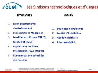 Les 9 raisons technologiques et d’usages


     1.        La fin des problèmes
               d’entrelacement                                                                                                 1.      Souplesse d’évolutivité
     2.        Les résolutions Megapixel                                                                                       2.      Facilité d’installation
     3.        Les différents Codecs MJPEG,                                                                                    3.      Gestion Multi-Site
               MPEG-4 et H.264                                                                                                 4.      Interopérabilité
     4.        Applications de Video
               Intelligentes (IVA Features)
     5.        Communications sécurisées
               des caméras

                    Ce document et les informations qu’il contient sont propriété de Saïd ACHACHE. Il ne doit pas être utilisé
                                                                                                                                       Saïd – ACHACHE
Confidentiel        à d’autres fins que celles pour lesquelles il a été établi et transmis. Il ne peut être ni reproduit ni divulgué
                                                                                                                                       Présentation évolution de la vidéosurveillance
                                                                                                                                                                                        10/05/12   8
                    à des tiers, en tout ou partie, sous quelque forme que ce soit, sans l’accord préalable, exprès et écrit de
                    l’auteur
 