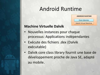 Android Runtime

Machine Virtuelle Dalvik
• Nouvelles instances pour chaque
  processus: Applications indépendantes
• Exécute des fichiers .dex (Dalvik
  exécutable)
• Dalvik core class library fournit une base de
  développement proche de Java SE, adapté
  au mobile.

                                            12
 