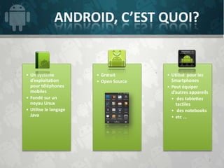 .




                           .




                                               .
    • Un système               • Gratuit           • Utilisé pour les
      d’exploitation           • Open Source         Smartphones
      pour téléphones                              • Peut équiper
      mobiles                                        d’autres appareils
    • Fondé sur un                                   • des tablettes
      noyau Linux                                      tactiles
    • Utilise le langage                             • des notebooks
      Java                                           • etc ...




                                                                          2
 