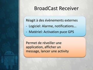 BroadCast Receiver
Réagit à des évènements externes
- Logiciel: Alarme, notifications...
- Matériel: Activation puce GPS

Permet de réveiller une
application, afficher un
message, lancer une activity


                                       22
 