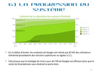 6) La progression du système Evolution de la répartition des versions d’Android  En ce début d’année, les analystes de Google ont relevé que 87,4% des utilisateurs d'Android possédaient des versions supérieures ou égales à 2.1. Cela prouve que la stratégie de mise à jour de l’OS de Google est efficace et/ou que la vente de Smartphones sous Android se porte bien. 