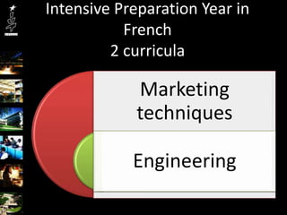 Intensive Preparation Year in
           French
         2 curricula

            Marketing
            techniques

            Engineering
 