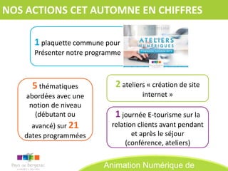 NOS ACTIONS CET AUTOMNE EN CHIFFRES

      1 plaquette commune pour
      Présenter notre programme



     5 thématiques           2 ateliers « création de site
    abordées avec une                 internet »
     notion de niveau
      (débutant ou           1 journée E-tourisme sur la
     avancé) sur 21         relation clients avant pendant
   dates programmées               et après le séjour
                                 (conférence, ateliers)

                          Animation Numérique de
 
