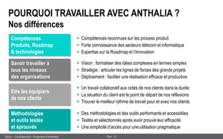 14 
Page 
– Confidentiel – Propriété d’Anthalia 
2014 
POURQUOI TRAVAILLER AVEC ANTHALIA ? Nos différences 
Compétences Produits, Roadmap & technologies 
Savoir travailler à tous les niveaux des organisations 
Etre les équipiers de nos clients 
Compétences reconnues sur les process produit 
Forte connaissance des secteurs télécom et informatique 
Expertise sur la Roadmap et l’Innovation 
Vision : formaliser des idées complexes en termes simples 
Stratégie : articuler les lignes de forces des grands projets 
Déploiement : faciliter une réalisation efficace et productive 
Un travail collaboratif aux cotés de nos clients dans la durée 
La situation du client est le point de départ de nos réflexions 
Trouver le meilleur rythme de travail pour et avec nos clients 
Méthodologies et outils testés et éprouvés 
Des méthodologies et des outils performants et accessibles 
Testés et sélectionnés après avoir prouvé leur efficacité 
Une simplicité d’accès pour une utilisation pragmatique  