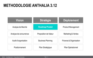 9 
Page 
– Confidentiel – Propriété d’Anthalia 
2014 
METHODOLOGIE ANTHALIA 3.12 
Analyse de Marché 
Analyse de concurrence 
Audit d’organisation 
Positionnement 
Vision 
Roadmap Proposition de Valeur 
Business Planning 
Plan Stratégique 
Stratégie 
Product Management 
Marketing & Ventes 
Finance & Organisation 
Plan Opérationnel 
Déploiement 
Roadmap Produit 
 