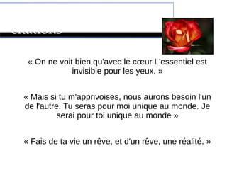 Le Petit Prince : quelques
citations
« On ne voit bien qu'avec le cœur L'essentiel est 
invisible pour les yeux. »
« Mais si tu m'apprivoises, nous aurons besoin l'un 
de l'autre. Tu seras pour moi unique au monde. Je 
serai pour toi unique au monde »
« Fais de ta vie un rêve, et d'un rêve, une réalité. »
Le Petit Prince : son chef d'oeuvre
 