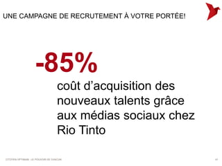 UNE CAMPAGNE DE RECRUTEMENT À VOTRE PORTÉE!




                   -85%
                                  coût d’acquisition des
                                  nouveaux talents grâce
                                  aux médias sociaux chez
                                  Rio Tinto

CITOYEN OPTIMUM : LE POUVOIR DE CHACUN                      41
 