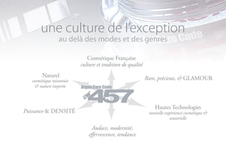 une culture de l’exception
                 au delà des modes et des genres

                             Cosmétique Française
                          culture et tradition de qualité
        Naturel                                             Rare, précieux, & GLAMOUR
   cosmétique raisonnée
     & nature inspirée



                                                                Hautes Technologies
Puissance & DENSITÉ                                          nouvelle expérience cosmétique &
                                                                         sensorielle

                                Audace, modernité,
                              effervescence, tendance
 