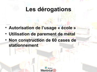 Les dérogations
• Autorisation de l’usage « école »
• Utilisation de parement de métal
• Non construction de 60 cases de
stationnement
 