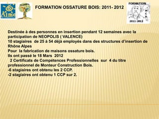 FORMATION OSSATURE BOIS: 2011- 2012




Destinée à des personnes en insertion pendant 12 semaines avec la
participation de NEOPOLIS ( VALENCE)
10 stagiaires de 25 à 54 déjà employés dans des structures d’insertion de
Rhône Alpes
Pour la fabrication de maisons ossature bois.
Ils ont passé le 18 Mars 2012
  2 Certificats de Compétences Professionnelles sur 4 du titre
professionnel de Monteur Construction Bois.
-6 stagiaires ont obtenu les 2 CCP.
-2 stagiaires ont obtenu 1 CCP sur 2.
 