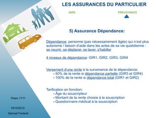 LES ASSURANCES DU PARTICULIER
                                IARD                             PREVOYANCE




                                 5) Assurance Dépendance:

                  Dépendance: personne (pas nécessairement âgée) qui n’est plus
                  autonome / besoin d’aide dans les actes de sa vie quotidienne :
                  se nourrir, se déplacer, se laver, s'habiller

                  4 niveaux de dépendance: GIR1, GIR2, GIR3, GIR4


                  Versement d'une rente à la survenance de la dépendance:
                      - 50% de la rente si dépendance partielle (GIR3 et GIR4)
                      - 100% de la rente si dépendance total (GIR1 et GIR2)


                  Tarification en fonction:
                       - Âge du souscripteur
  Diapo 11/11          - Montant de la rente choisie à la souscription
                       - Questionnaire médical à la souscription
 19/10/2012
Samuel Fontenit
 