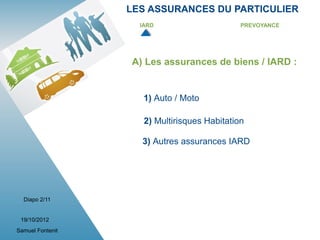 LES ASSURANCES DU PARTICULIER
                    IARD                      PREVOYANCE




                  A) Les assurances de biens / IARD :


                     1) Auto / Moto

                     2) Multirisques Habitation

                    3) Autres assurances IARD




  Diapo 2/11


 19/10/2012
Samuel Fontenit
 