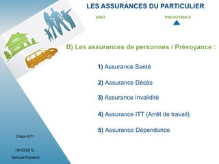 LES ASSURANCES DU PARTICULIER
                          IARD                       PREVOYANCE




                  B) Les assurances de personnes / Prévoyance :

                           1) Assurance Santé

                           2) Assurance Décès

                           3) Assurance Invalidité

                           4) Assurance ITT (Arrêt de travail)

                           5) Assurance Dépendance
  Diapo 6/11


 19/10/2012
Samuel Fontenit
 
