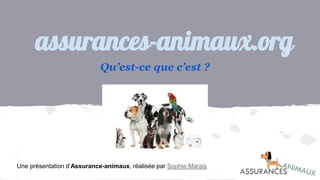 assurances-animaux.org
Qu’est-ce que c’est ?
Une présentation d’Assurance-animaux, réalisée par Sophie Marais
 