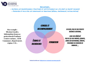 Toutes les infos sur : https://www.vacances-ouvertes.asso.fr/
En 2023, plus de 550 projets
vacanCes soutenus,
dont ont bénéficié
plus de 20 000 parents, enfants,
jeunes (en autonomie), séniors,
personnes en situation de
handicap, ...
Nos actions :
- soutenir les professionnels, structures et institutionnels qui utilisent le projet vacances
- Favoriser et faciliter les dynamiques de territoire (réseau, partenariat, mutualisation)
Par exemple :
Missions Locales,
Information Jeunesse,
protection de l'enfance
Centres sociaux, , GEM
Communes, département,
région, CAF...
 