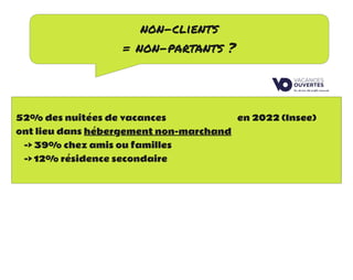 non-clients
= non-partants ?
52% des nuitées de vacances en 2022 (Insee)
ont lieu dans hébergement non-marchand
-> 39% chez amis ou familles
-> 12% résidence secondaire
 