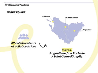 NOTRE ÉQUIPE
Charentes Tourisme
67 collaborateurs
et collaboratrices
3 sites :
Angoulême / La Rochelle
/ Saint-Jean-d’Angély
 