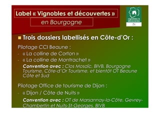 Label « Vignobles et découvertes »
         en Bourgogne

  Trois dossiers labellisés en Côte-d’Or :
Pilotage CCI Beaune :
- « La colline de Corton »
- « La colline de Montrachet »
  Convention avec : Clos Mosaïc, BIVB, Bourgogne
  Tourisme, Côte-d’Or Tourisme, et bientôt OT Beaune
  Côte et Sud

Pilotage Office de tourisme de Dijon :
- « Dijon / Côte de Nuits »
  Convention avec : OT de Marsannay-la-Côte, Gevrey-
  Chambertin et Nuits-St-Georges, BIVB
 