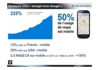 Quelques infos « straight from Google »




 12% trafic en France = mobile
 20% trafic aux USA = mobile
 2,5 Mds$ CA sur mobile en 2011 vs 1 Md$ en 2010 : +150%


                                                           5
 