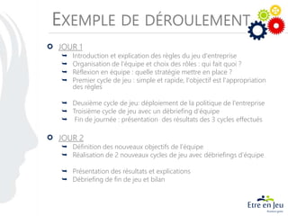 EXEMPLE DE DÉROULEMENT
JOUR 1
 Introduction et explication des règles du jeu d'entreprise
 Organisation de l'équipe et choix des rôles : qui fait quoi ?
 Réflexion en équipe : quelle stratégie mettre en place ?
 Premier cycle de jeu : simple et rapide, l'objectif est l'appropriation
des règles
 Deuxième cycle de jeu: déploiement de la politique de l'entreprise
 Troisième cycle de jeu avec un débriefing d’équipe
 Fin de journée : présentation des résultats des 3 cycles effectués
JOUR 2
 Définition des nouveaux objectifs de l'équipe
 Réalisation de 2 nouveaux cycles de jeu avec débriefings d’équipe
 Présentation des résultats et explications
 Débriefing de fin de jeu et bilan
 