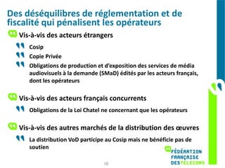 Des déséquilibres de réglementation et de
fiscalité qui pénalisent les opérateurs
  Vis-à-vis des acteurs étrangers
     Cosip
     Copie Privée
     Obligations de production et d’exposition des services de média
     audiovisuels à la demande (SMaD) édités par les acteurs français,
     dont les opérateurs

  Vis-à-vis des acteurs français concurrents
     Obligations de la Loi Chatel ne concernant que les opérateurs

  Vis-à-vis des autres marchés de la distribution des œuvres
     La distribution VoD participe au Cosip mais ne bénéficie pas de
     soutien

                                 18
 
