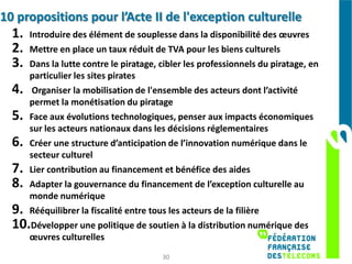 10 propositions pour l’Acte II de l'exception culturelle
  1. Introduire des élément de souplesse dans la disponibilité des œuvres
  2. Mettre en place un taux réduit de TVA pour les biens culturels
  3. Dans la lutte contre le piratage, cibler les professionnels du piratage, en
     particulier les sites pirates
  4. Organiser la mobilisation de l'ensemble des acteurs dont l’activité
     permet la monétisation du piratage
  5. Face aux évolutions technologiques, penser aux impacts économiques
     sur les acteurs nationaux dans les décisions réglementaires
  6. Créer une structure d’anticipation de l’innovation numérique dans le
     secteur culturel
  7. Lier contribution au financement et bénéfice des aides
  8. Adapter la gouvernance du financement de l’exception culturelle au
     monde numérique
  9. Rééquilibrer la fiscalité entre tous les acteurs de la filière
  10.Développer une politique de soutien à la distribution numérique des
     œuvres culturelles
                                        30
 